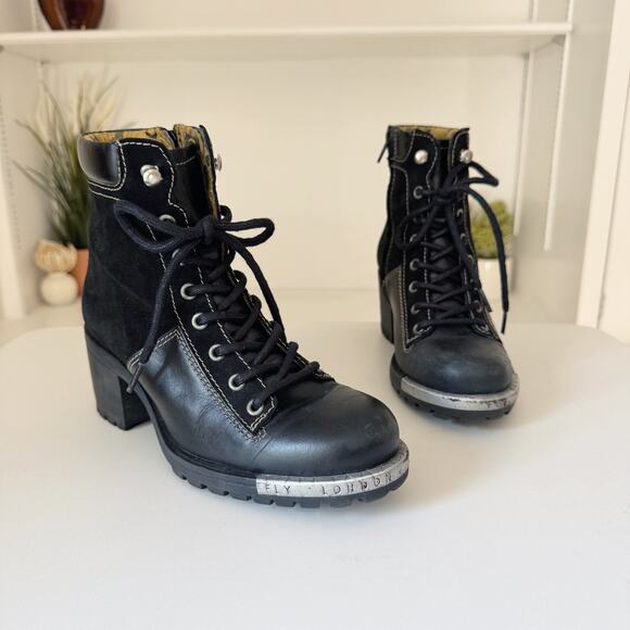 Fly London Black Leather Leal Logger Chunky Heel Combat Boots Size 38/7-7.5 - Picture 1 of 7